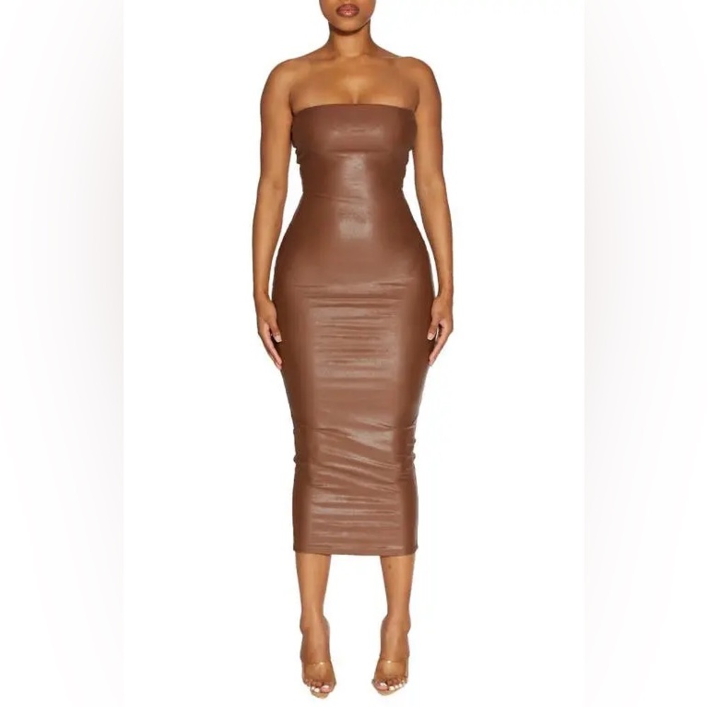 NAKED WARDROBE
Got The Drip Strapless Body-Con Midi Dress - Brown Size XL